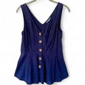 ModCloth Navy Peplum Tank Linen Blend Button Front Medium Blouse Cottagecore Top